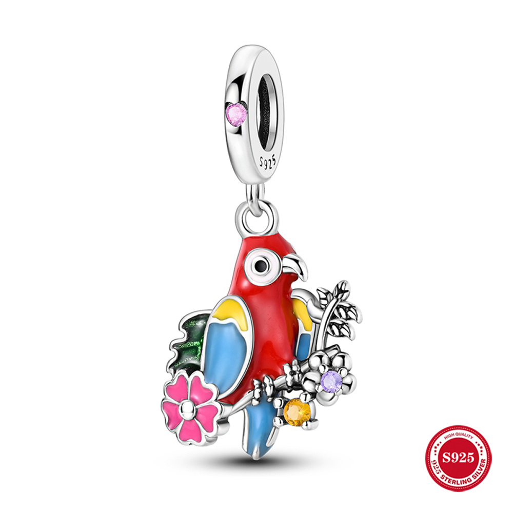 925 Silver Colorful Parrot Pendant Bead for Jewelry Making